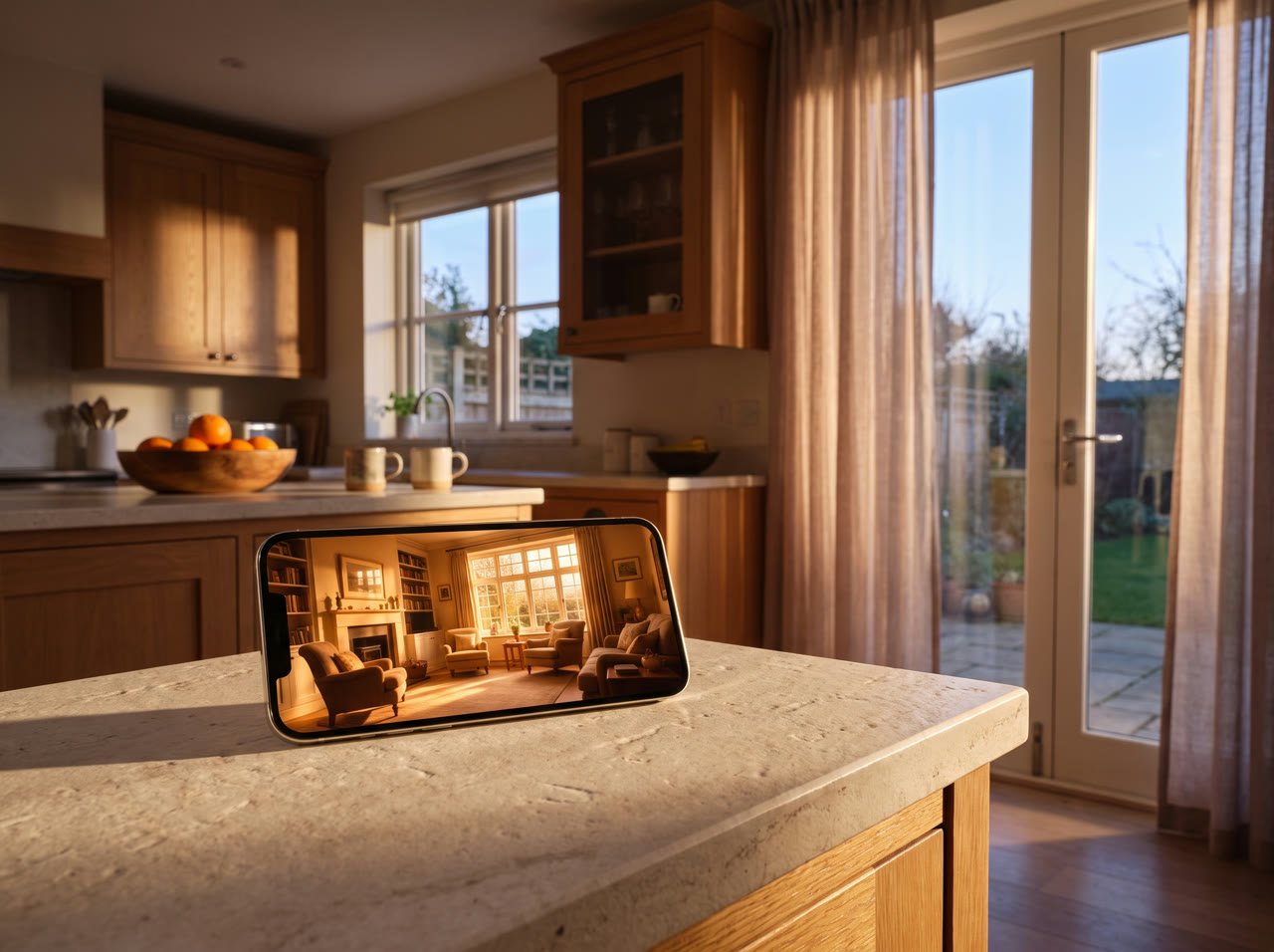 A phone on a kitchen counter playing a listing video at golden hour